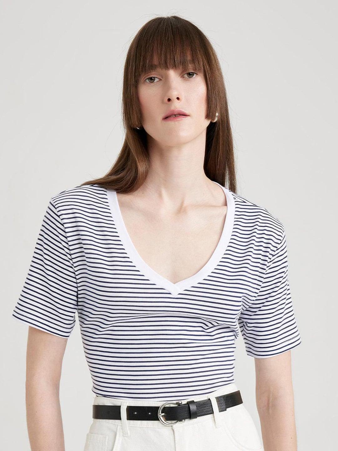 defacto striped v-neck pure cotton t-shirt