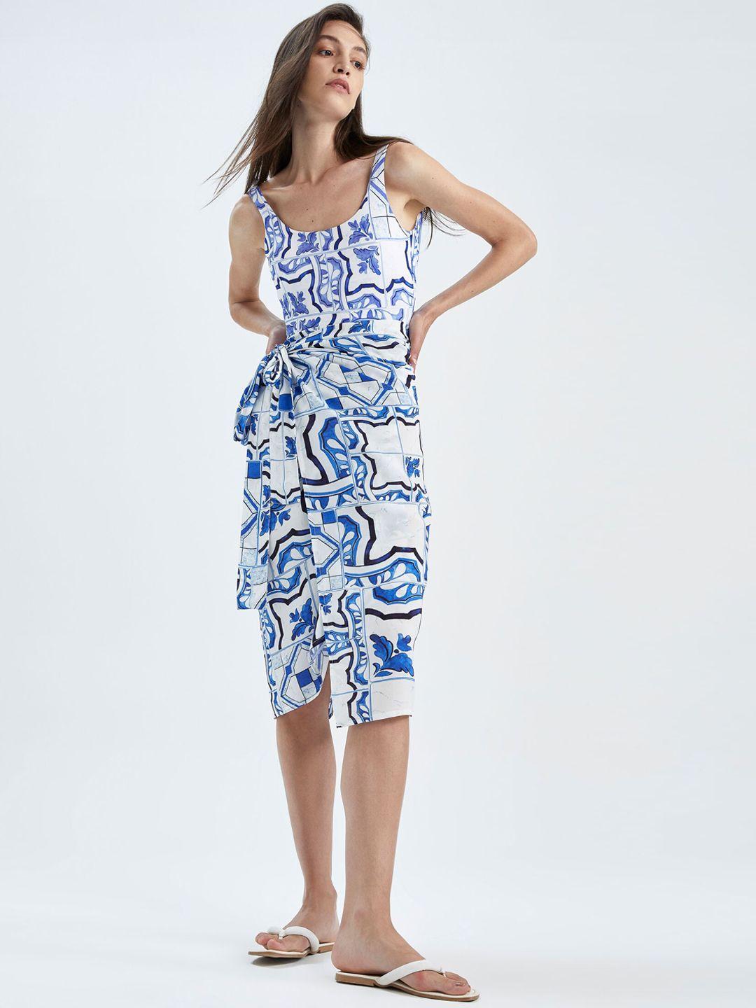 defacto women white & blue abstract print cotton swimwear