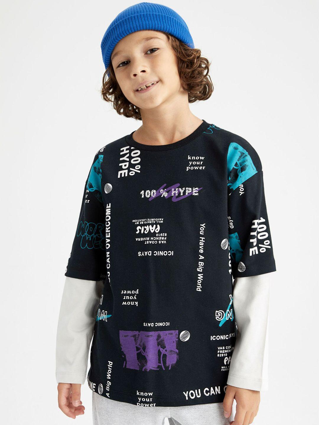 defacto boys black & white typography printed drop-shoulder sleeves pure cotton t-shirt