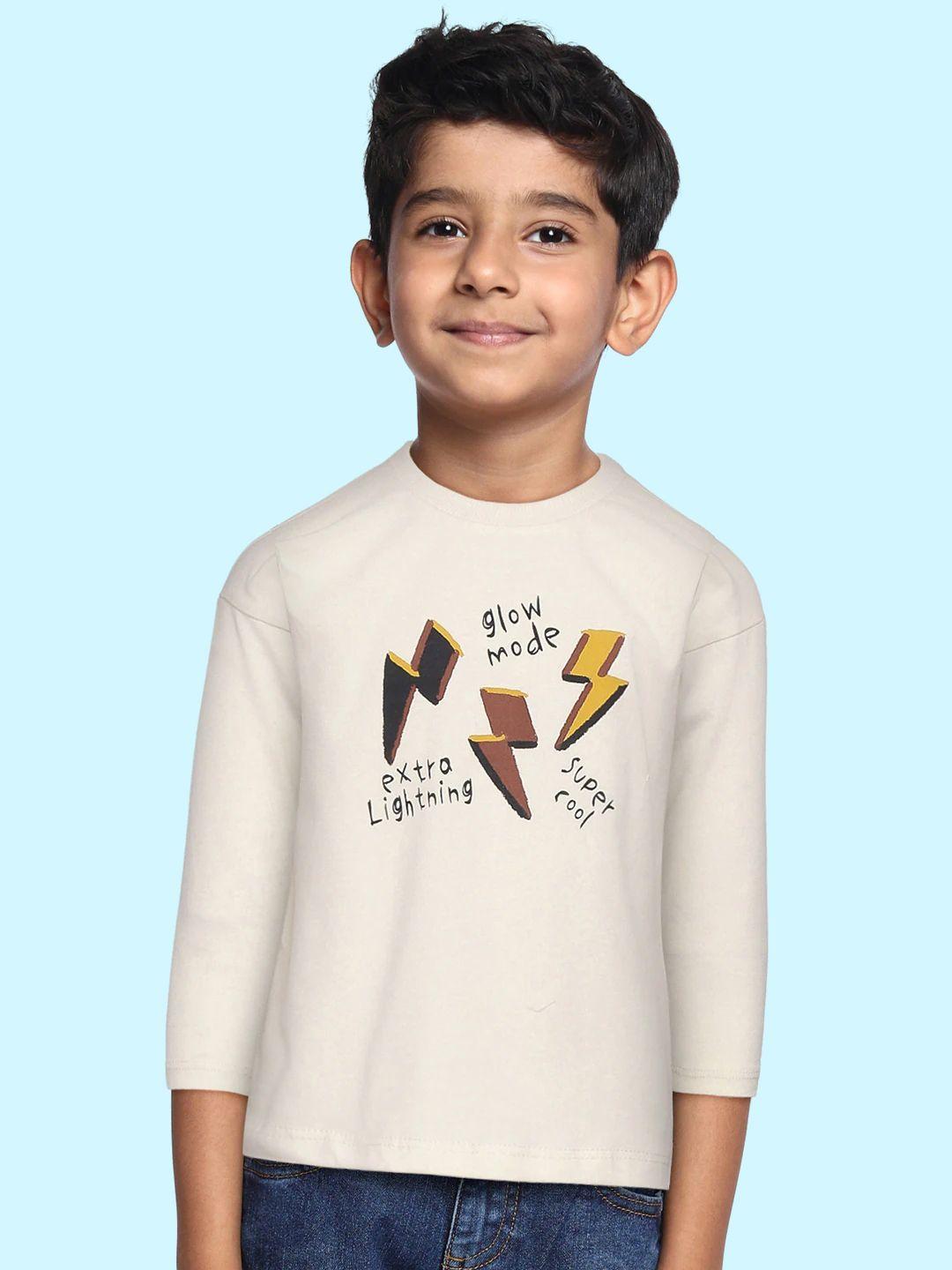 defacto boys cream-coloured & coffee brown graphic printed cotton t-shirt