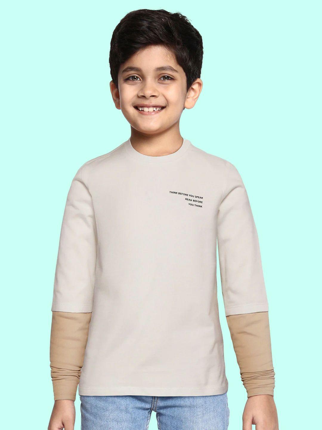 defacto boys white & beige pure cotton typography printed t-shirt