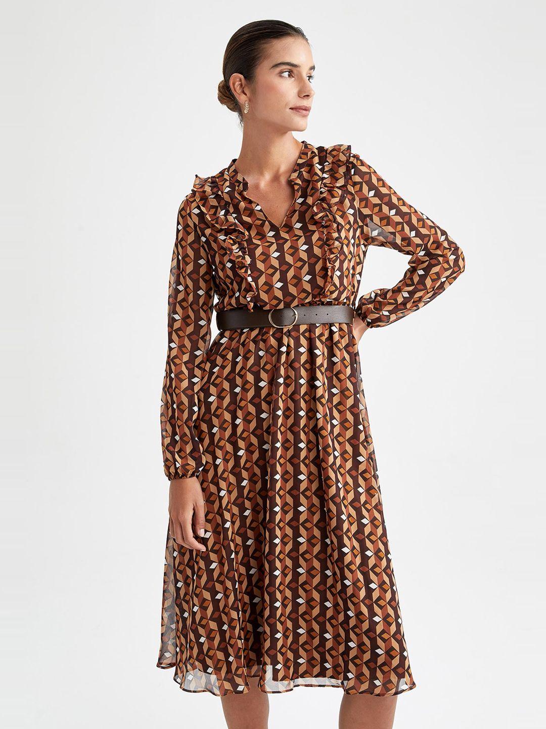 defacto brown & beige geometric printed midi dress