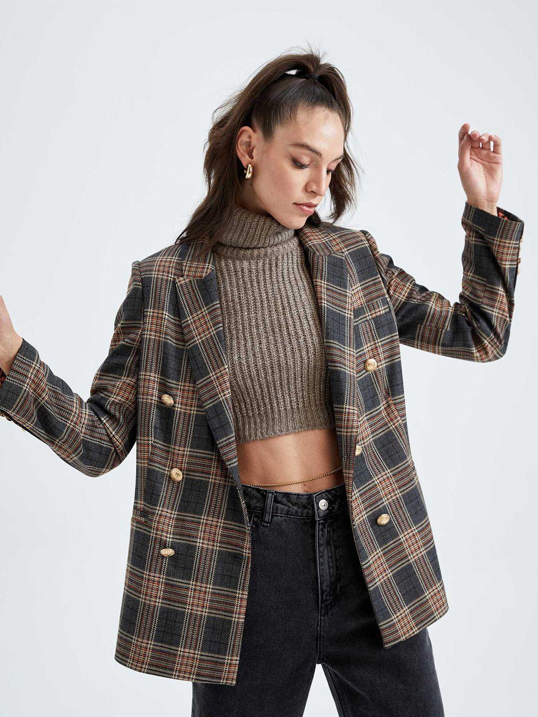 defacto checked peaked lapel double-breasted blazer