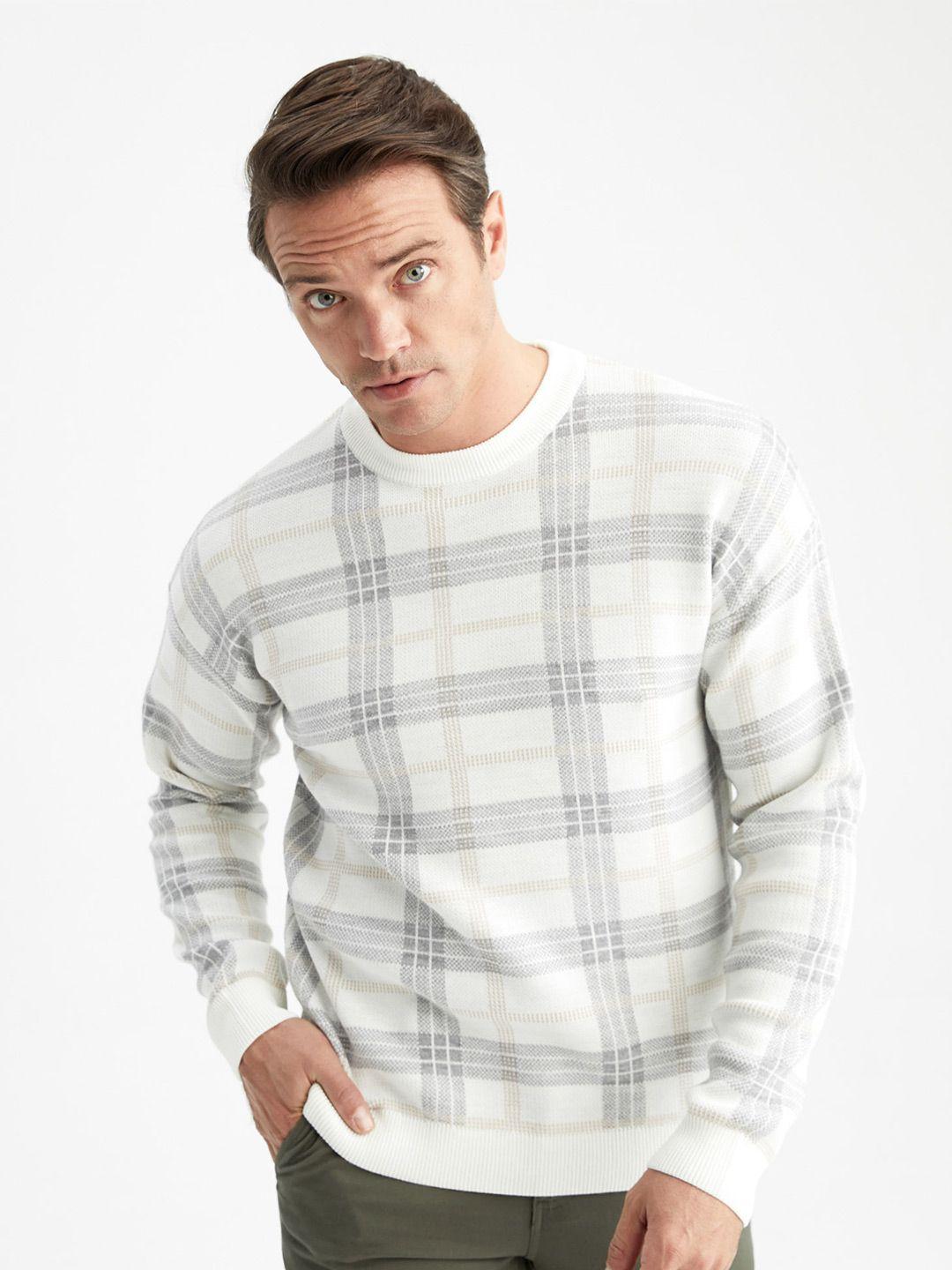 defacto checked round neck acrylic pullover sweater