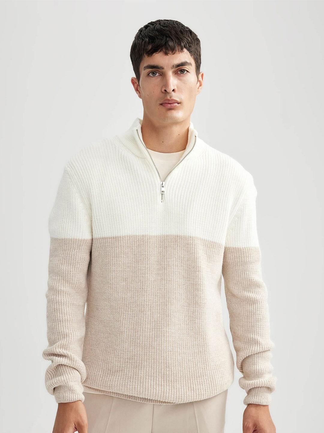 defacto colourblocked mock collar half zipper acrylic pullover sweater