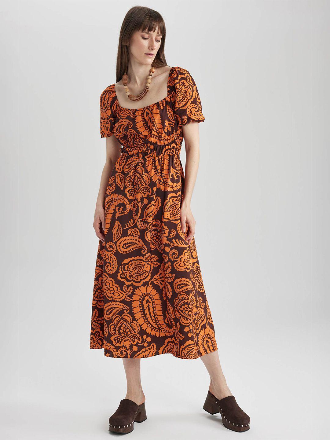 defacto ethnic motifs printed puff sleeves fit & flare midi dress