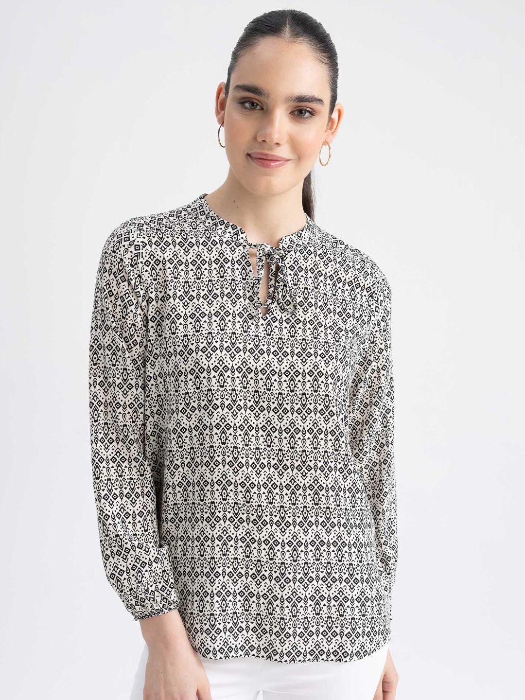 defacto ethnic motifs printed tie-up neck top