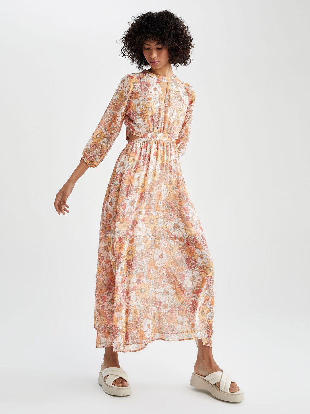 defacto floral printed cut-out fit & flare midi dress