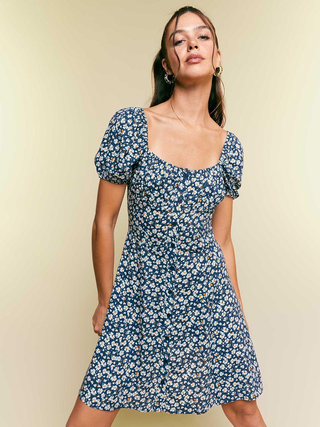 defacto floral printed puff sleeve fit & flare dress