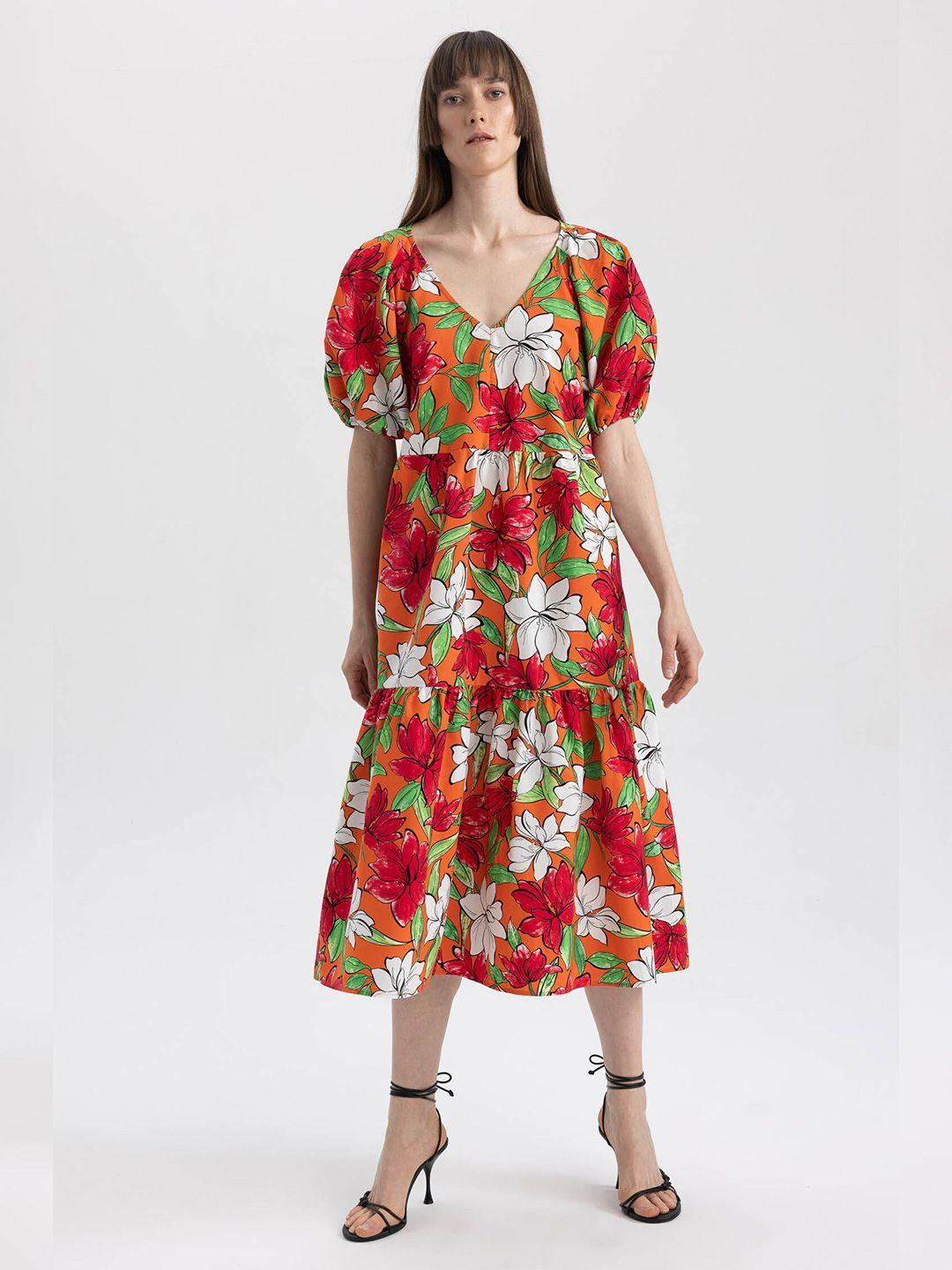 defacto floral printed puff sleeve pure cotton fit & flare midi dress