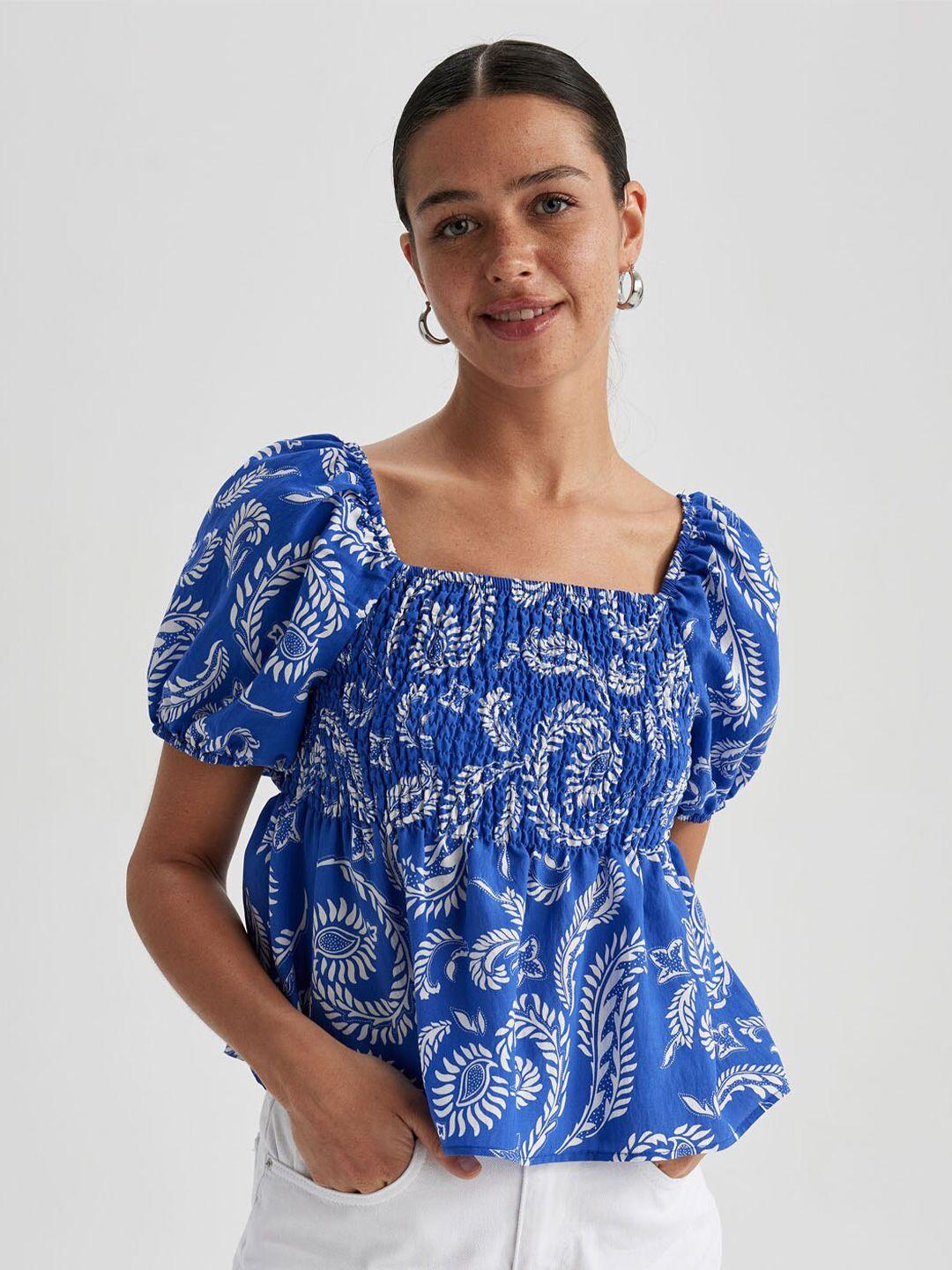 defacto floral printed puff sleeve smocked a-line top