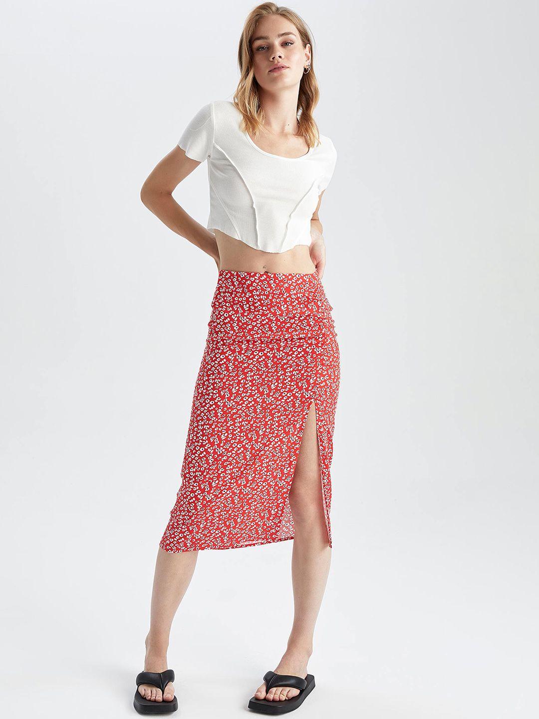 defacto floral printed straight knee length skirt with slit