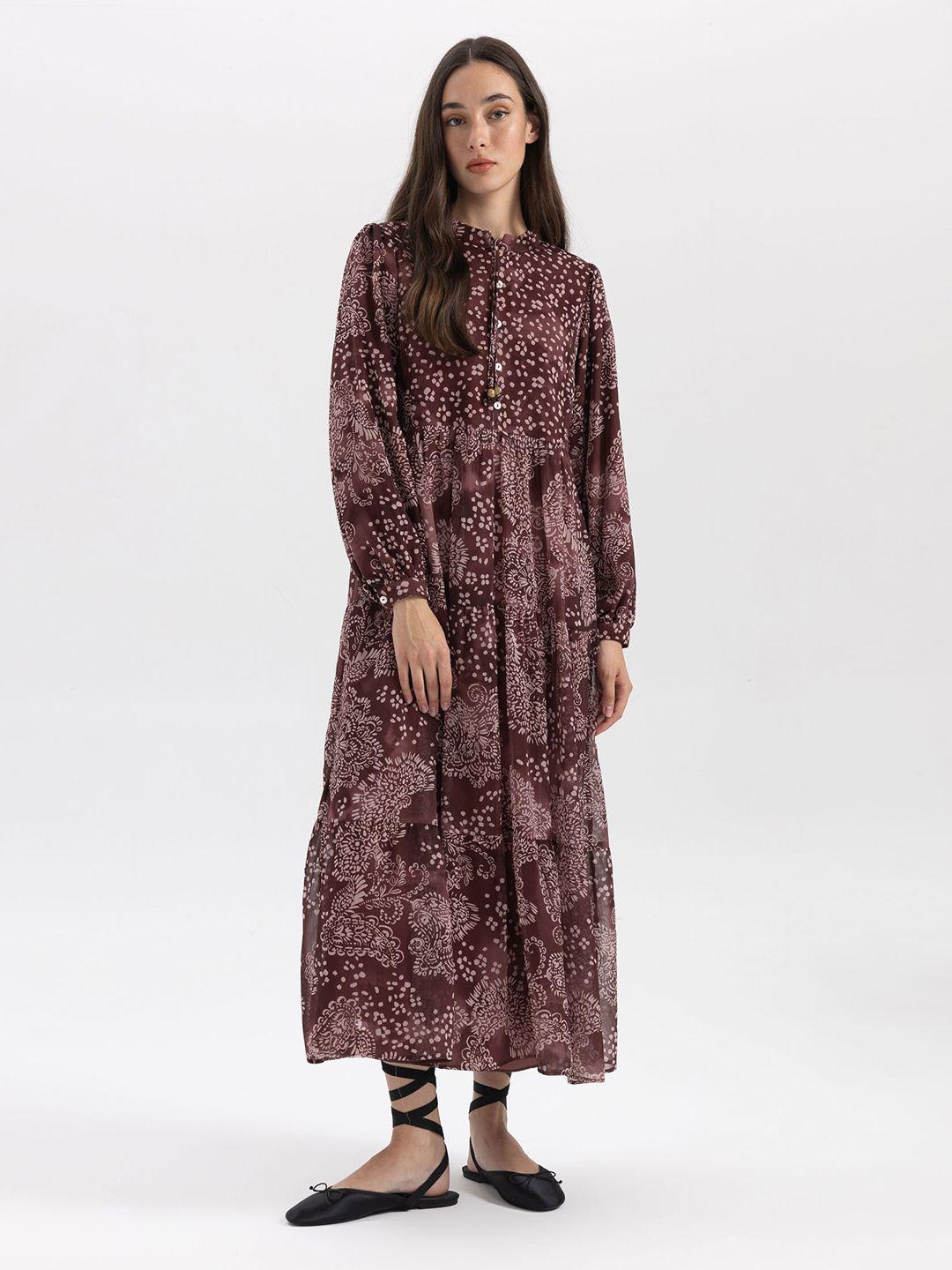 defacto floral printed tie-up neck puff sleeve a-line midi dress