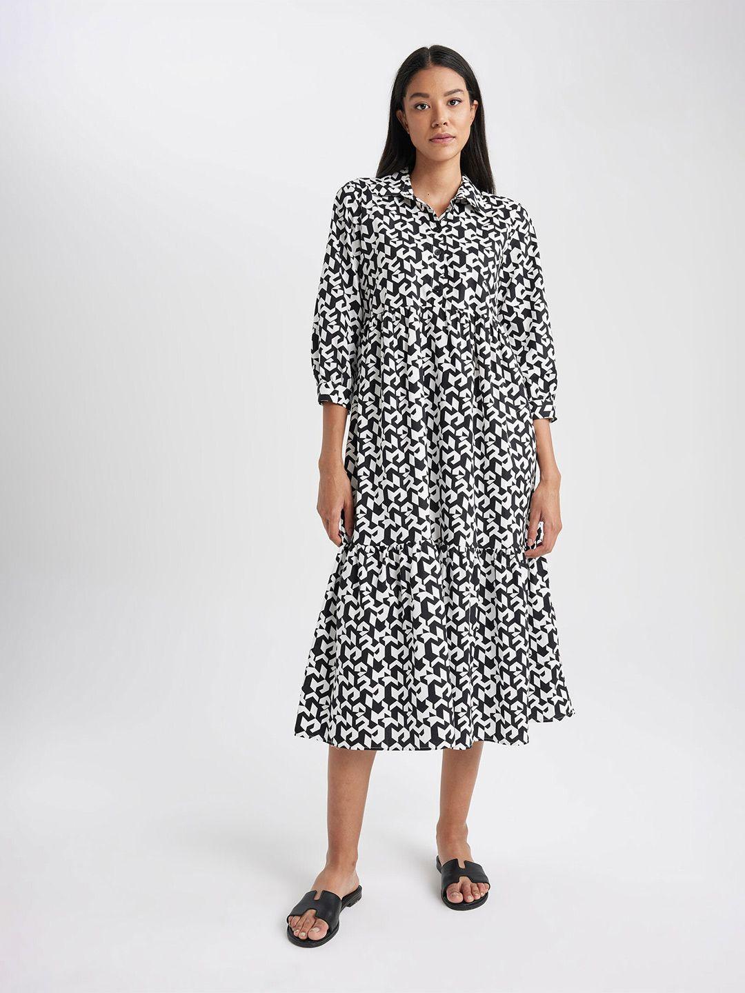 defacto geometric printed shirt collar tiered pure cotton a-line midi dress