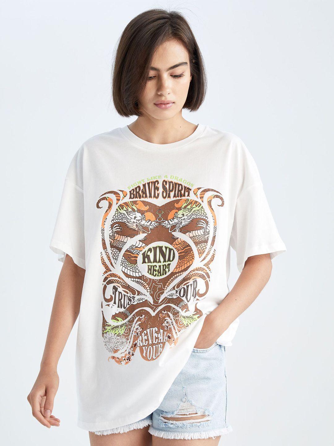 defacto graphic printed drop shoulder sleeves pure cotton t-shirt
