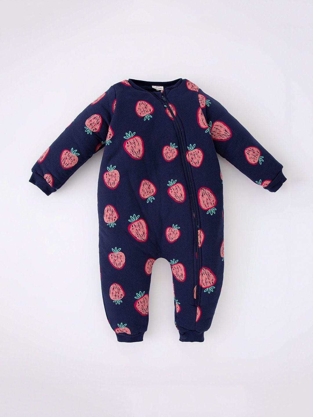 defacto infant girls navy blue & pink printed cotton rompers