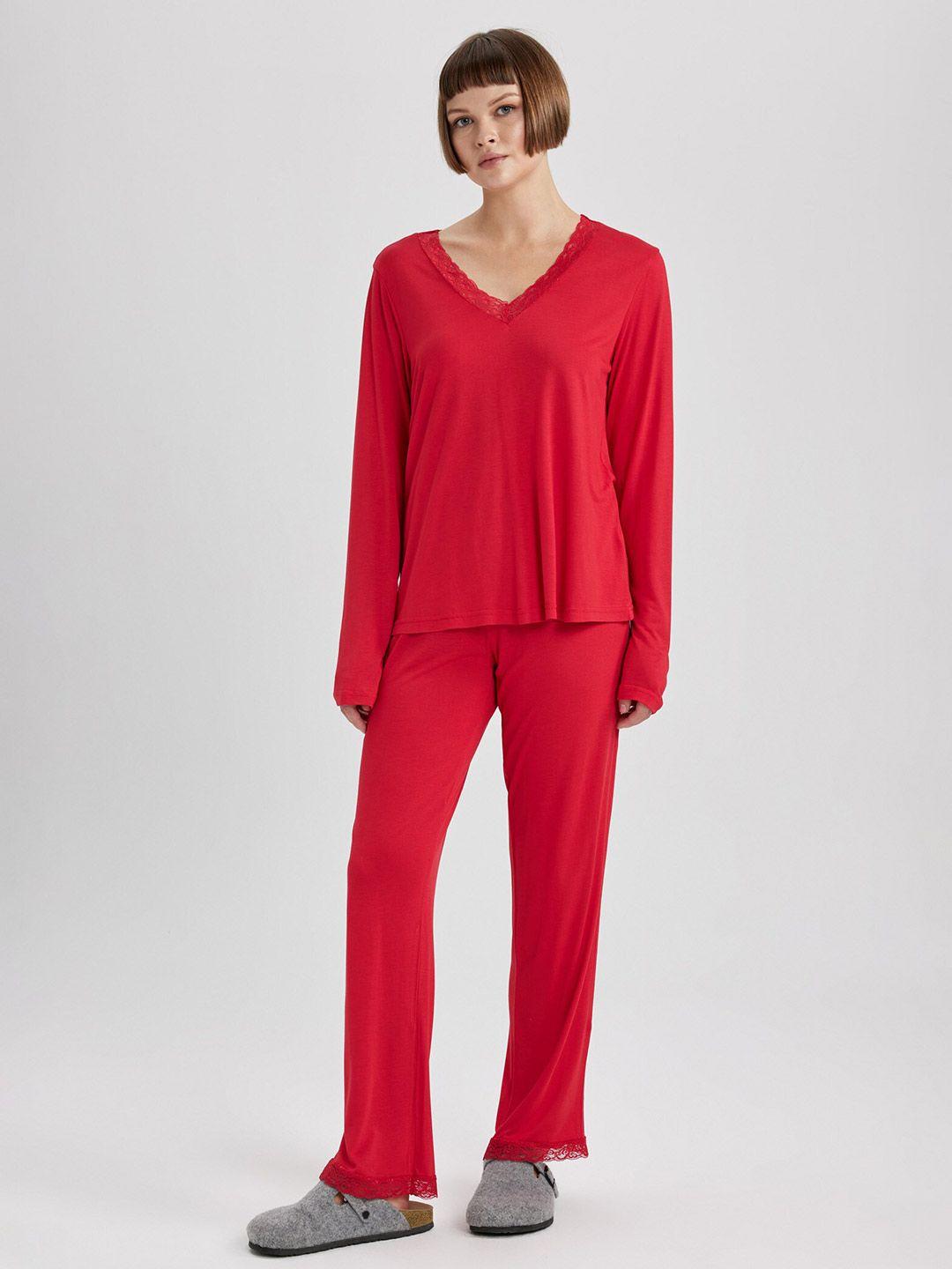 defacto lace detail v-neck top with lounge pants