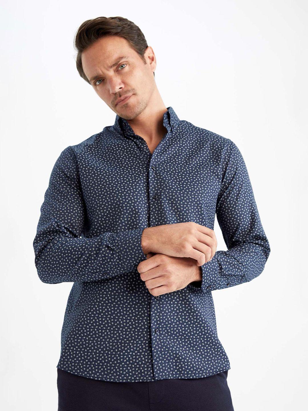 defacto men navy blue printed casual shirt