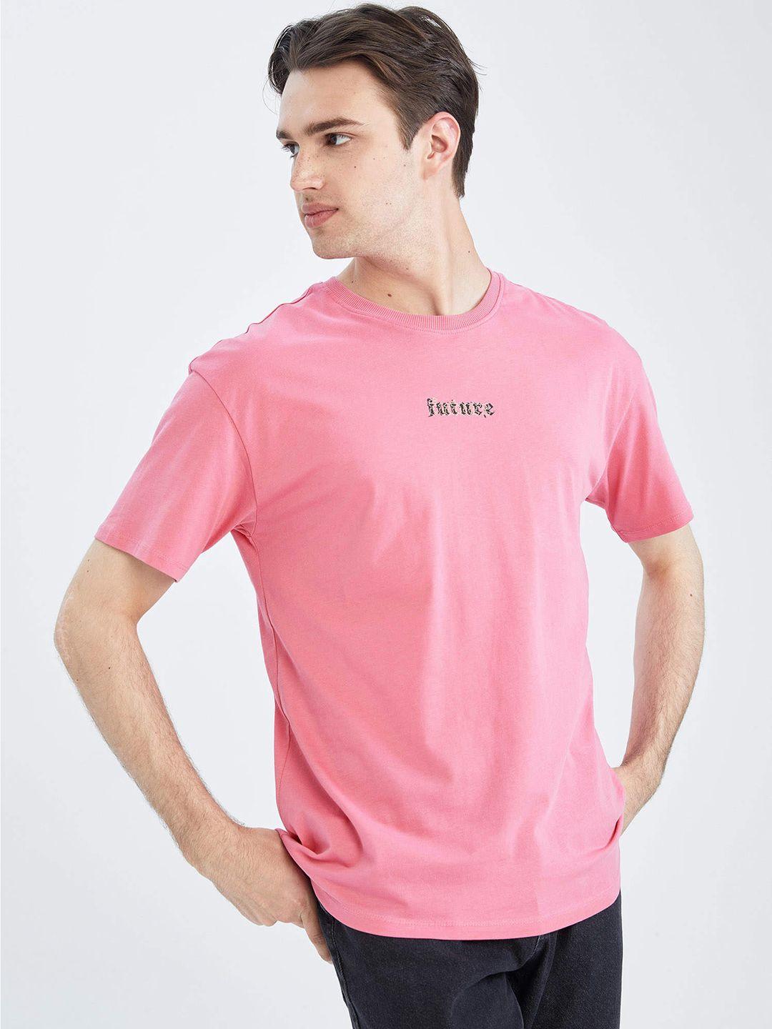 defacto men pink & black printed pure cotton t-shirt