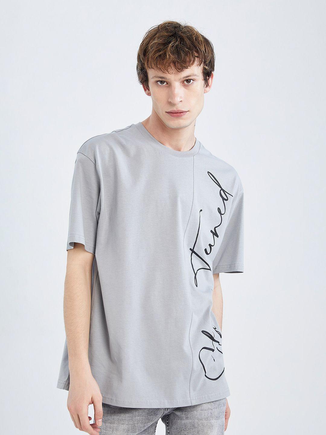 defacto men typography printed pure cotton drop-shoulder sleeves loose t-shirt