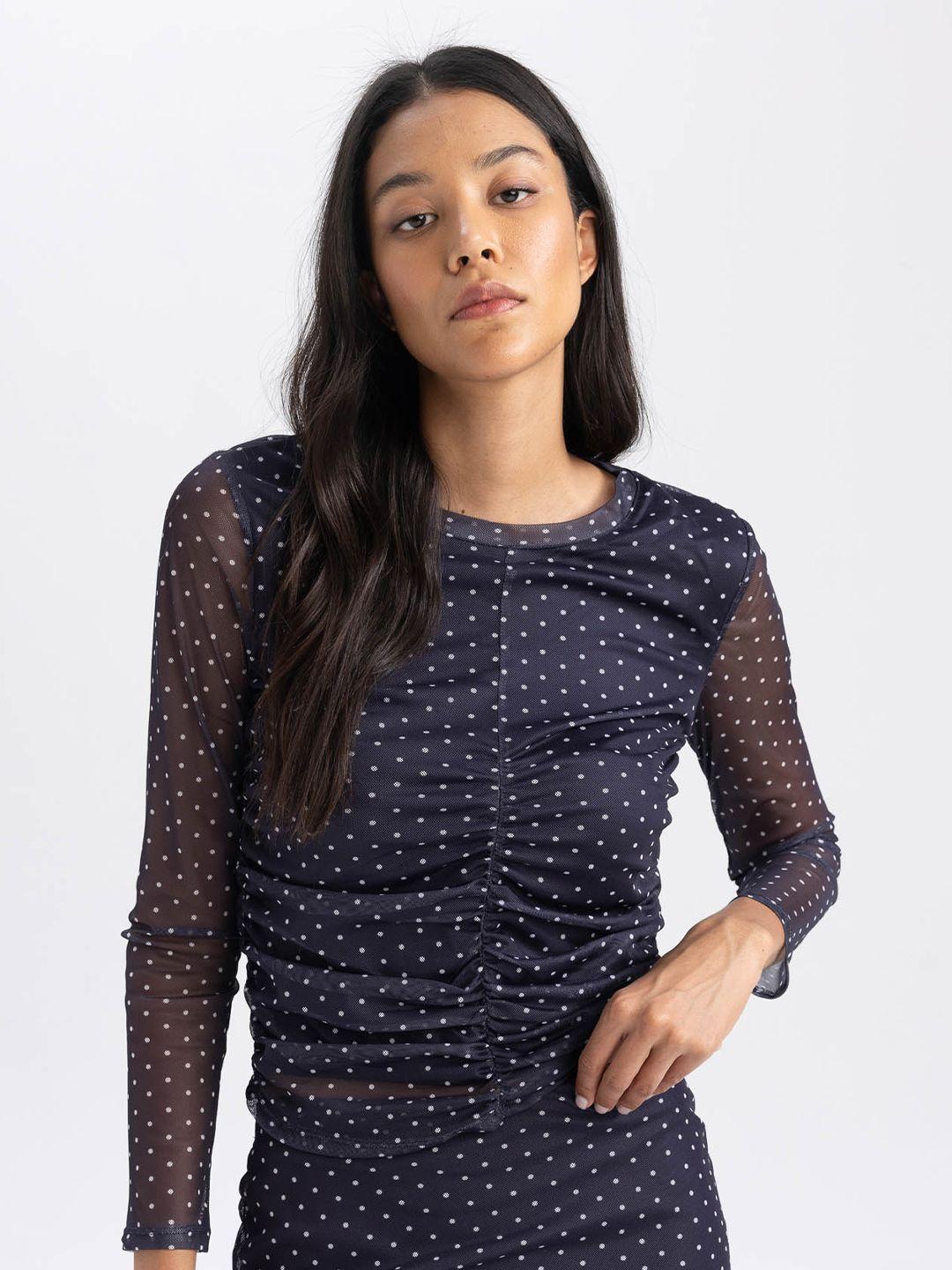 defacto polka dots printed round neck ruched top