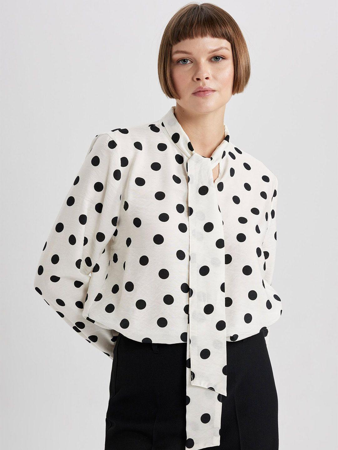 defacto polka dots printed tie-up neck cuffed sleeve monochrome top