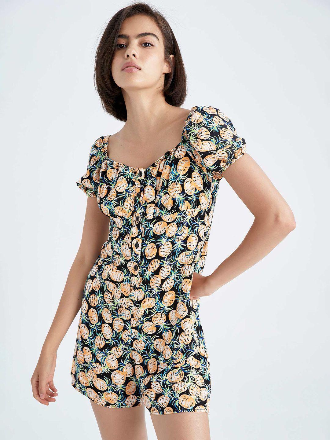 defacto printed puff sleeves smocked playsuit