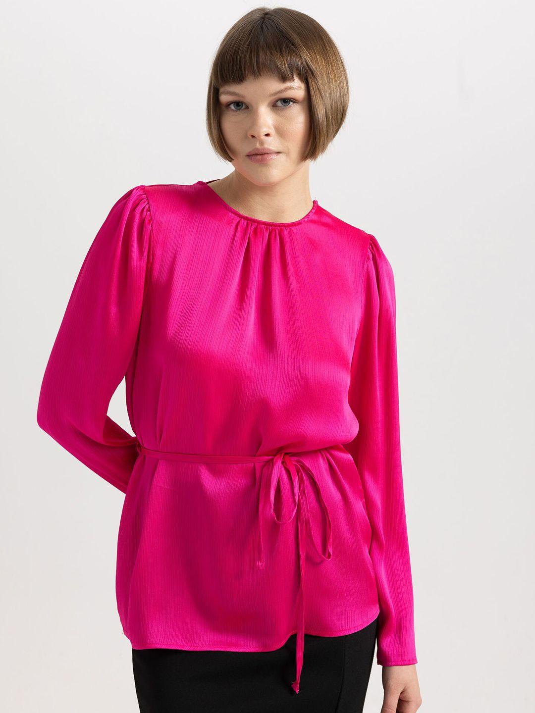 defacto puff sleeves gathered belted cinched waist top