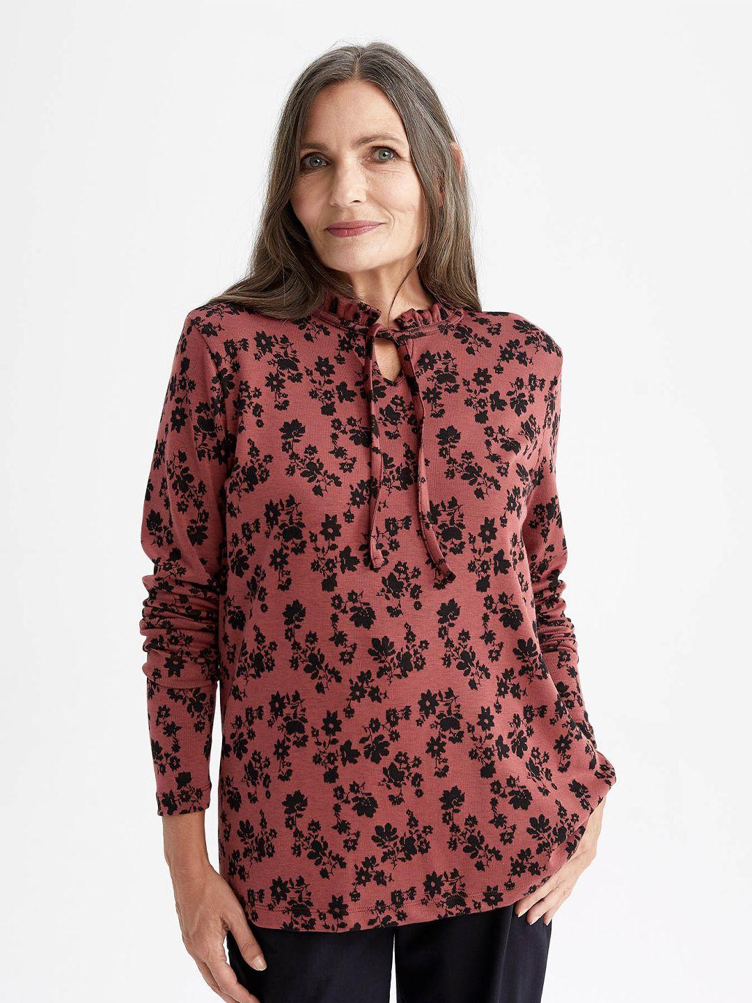 defacto rose floral print tie-up neck top