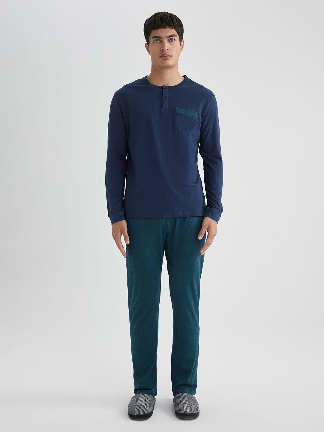 defacto round neck long sleeves pure cotton t-shirt with printed lounge pants