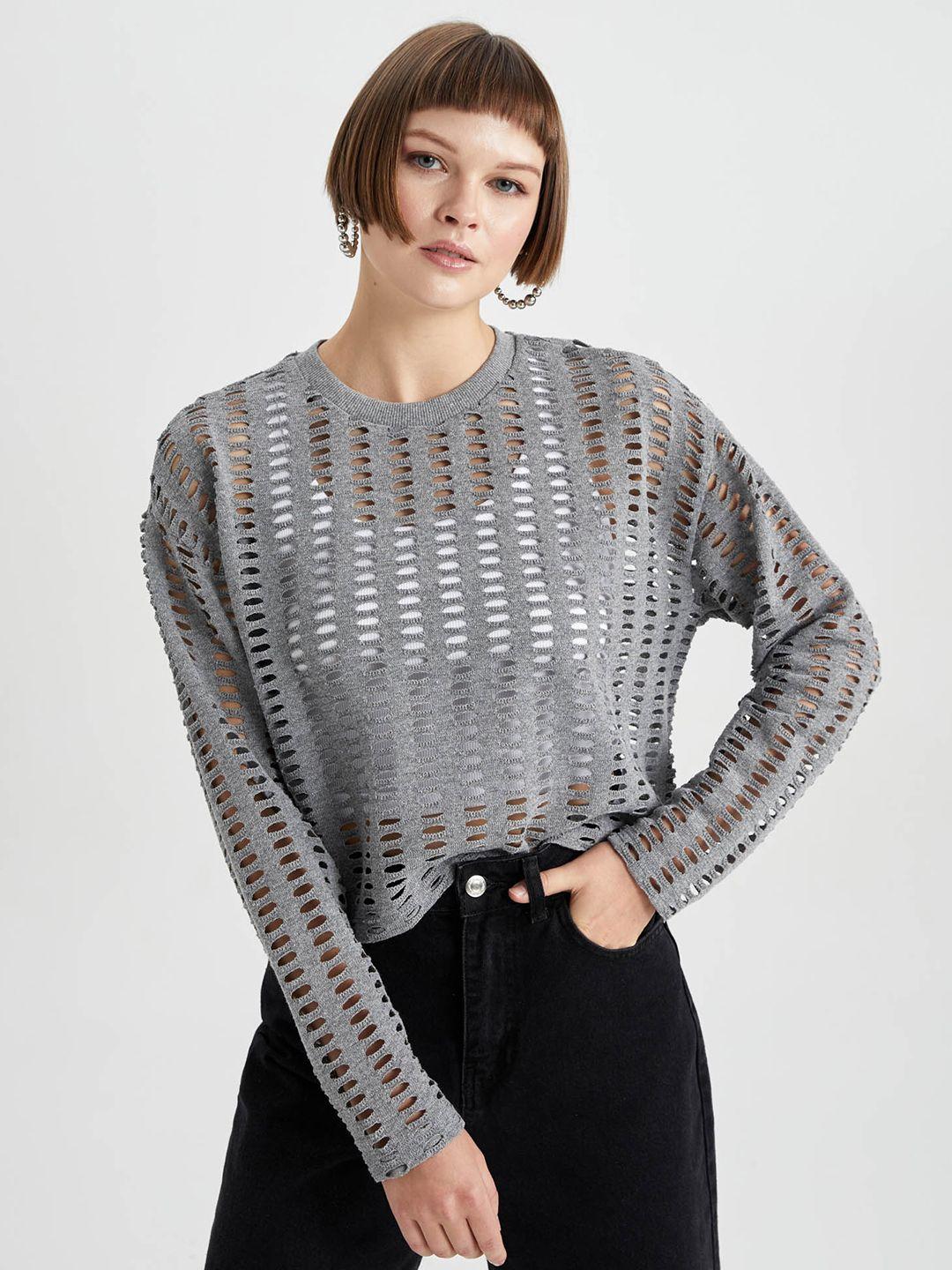 defacto self design cut-out detail semi sheer knitted top