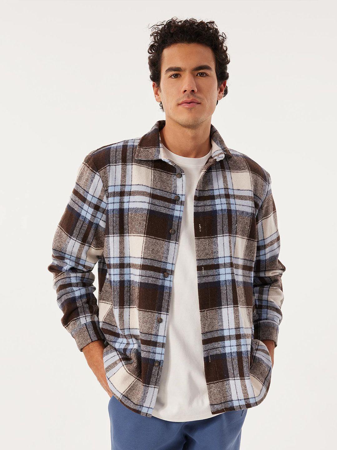 defacto spread collar tartan checked cotton casual shirt