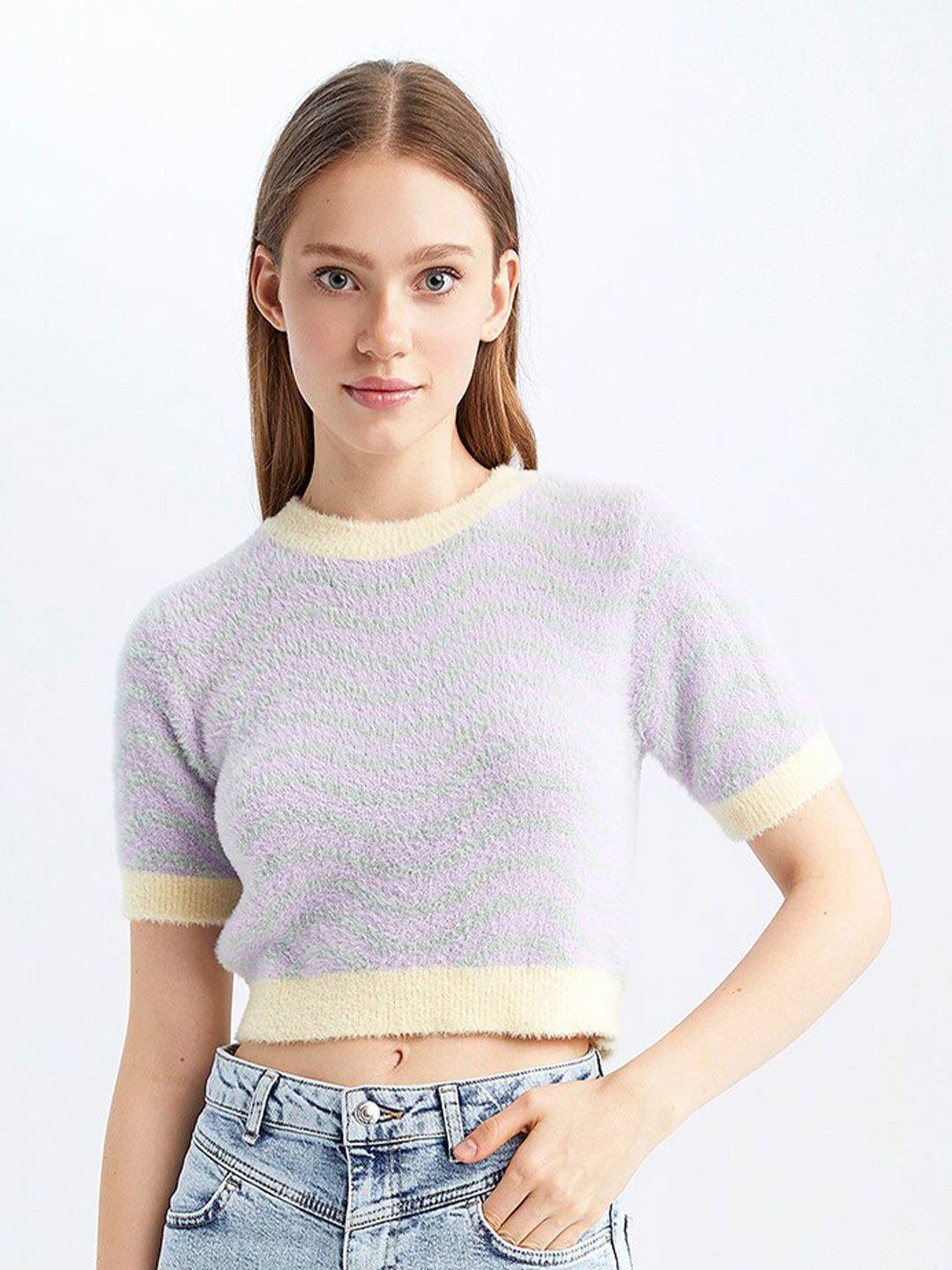 defacto striped fuzzy detail crop pullover sweater