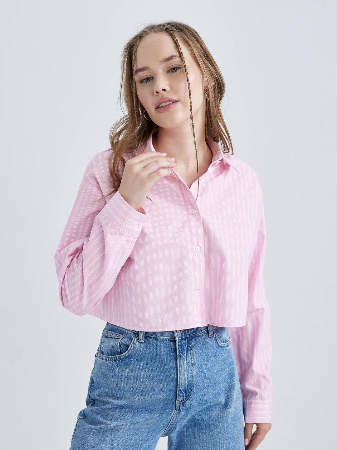 defacto striped opaque casual pure cotton crop shirt