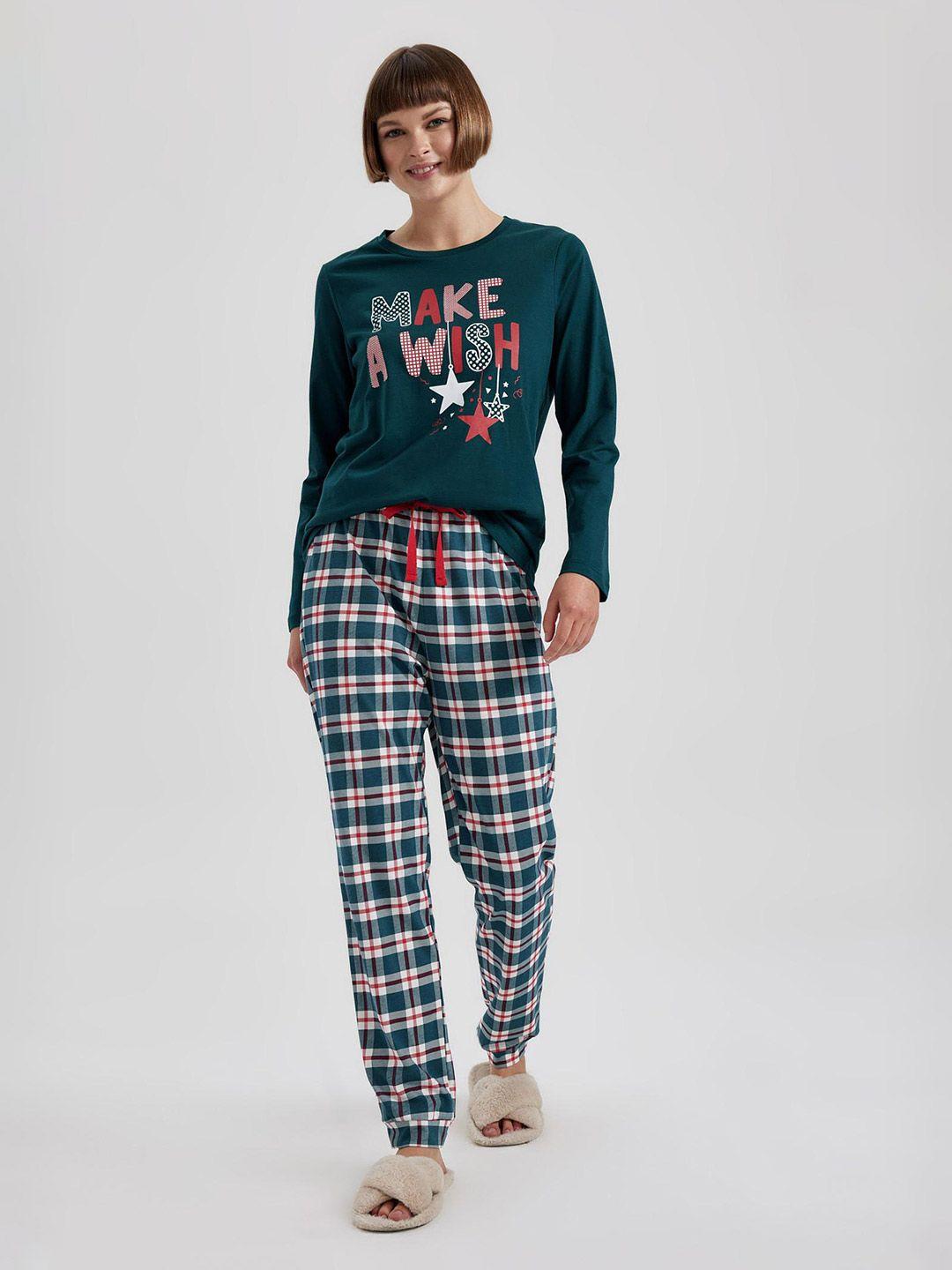 defacto typography printed pure cotton t-shirt with checked lounge pants