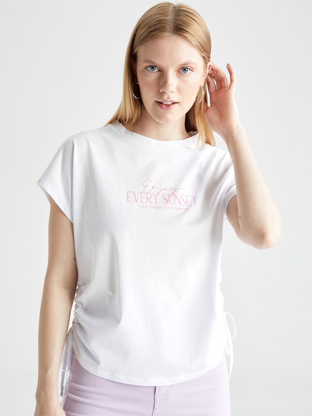defacto white pure cotton typography printed ruched top