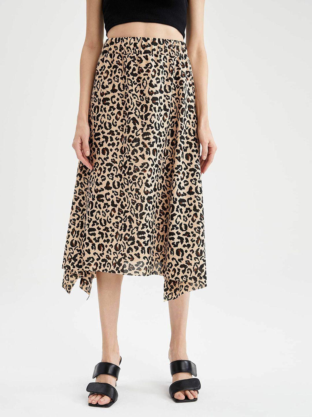 defacto women beige & black animal print flared midi skirt