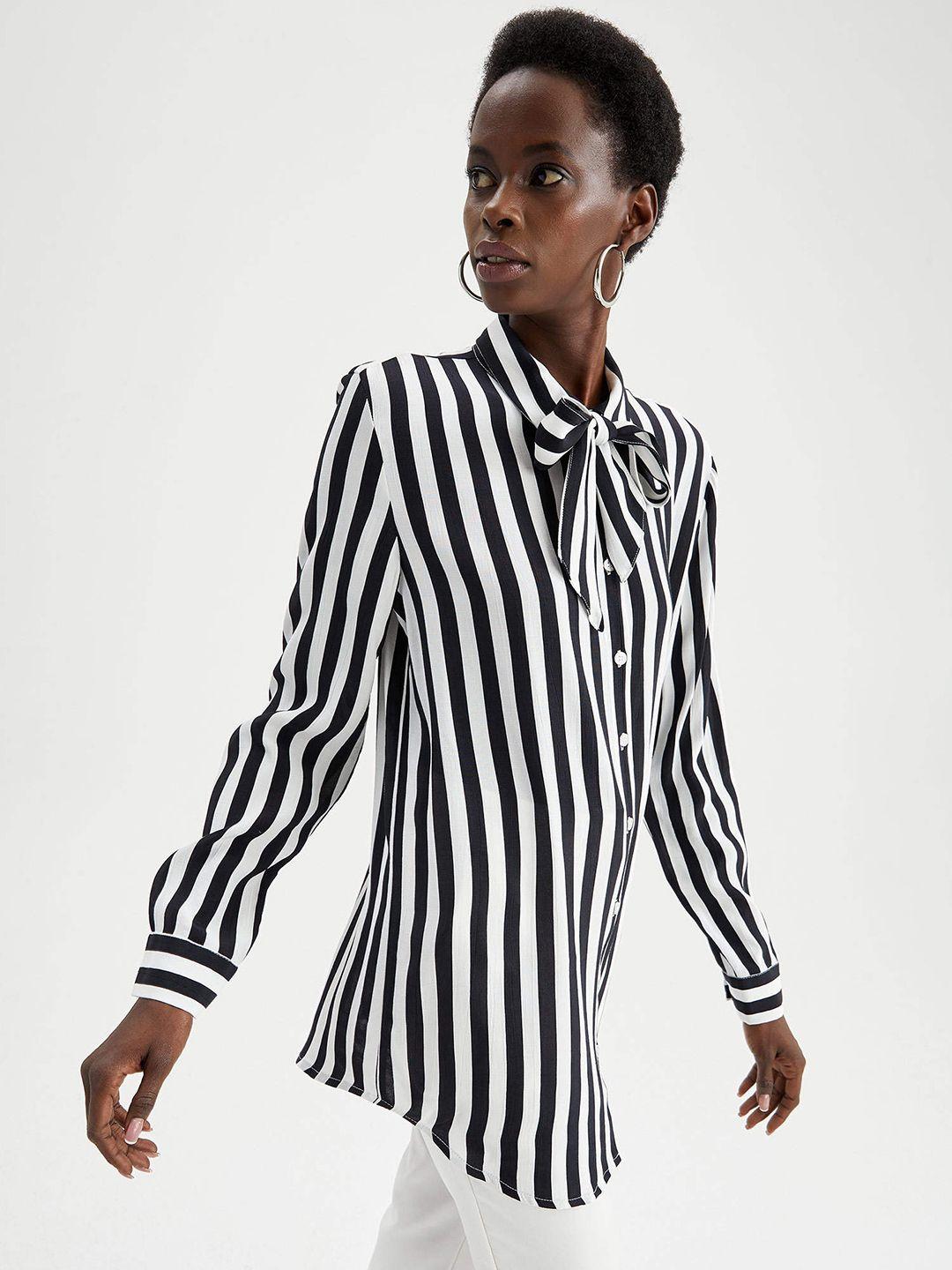 defacto women black & white striped regular fit longline casual shirt