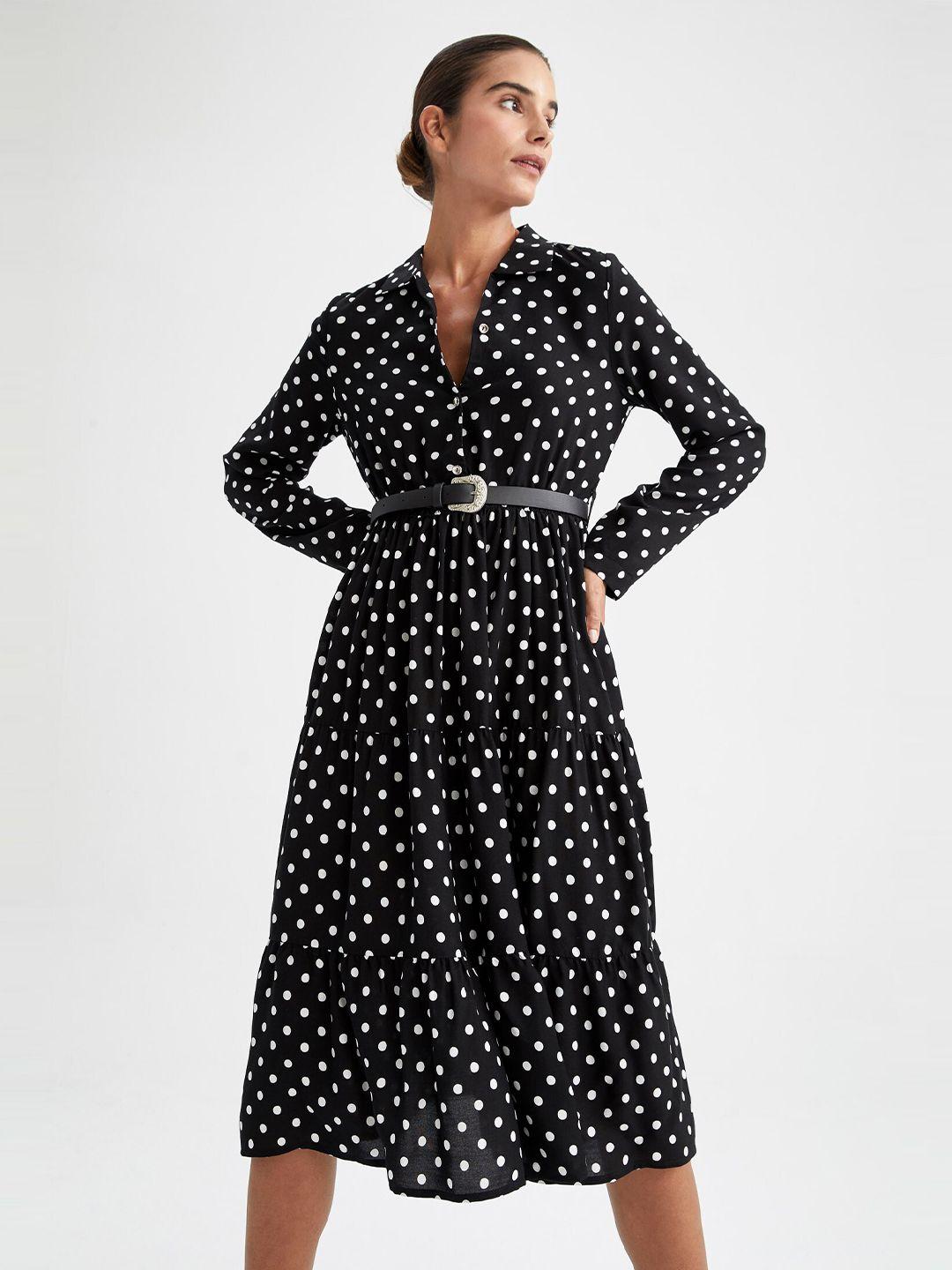 defacto women black polka dot printed tiered midi dress