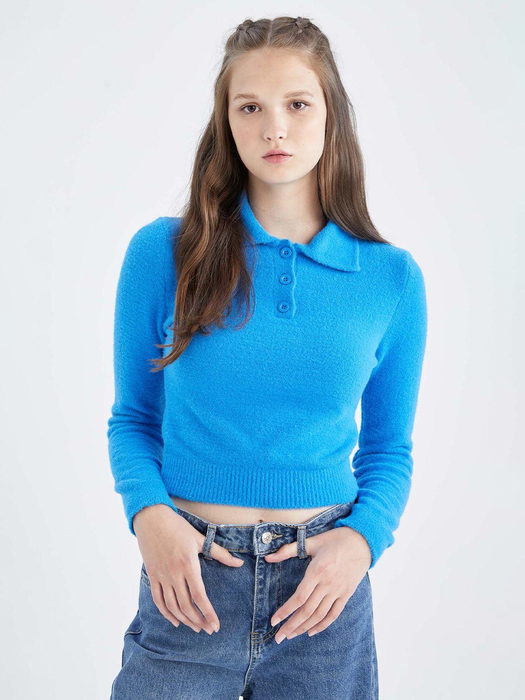 defacto women blue polyester pu coated crop pullover