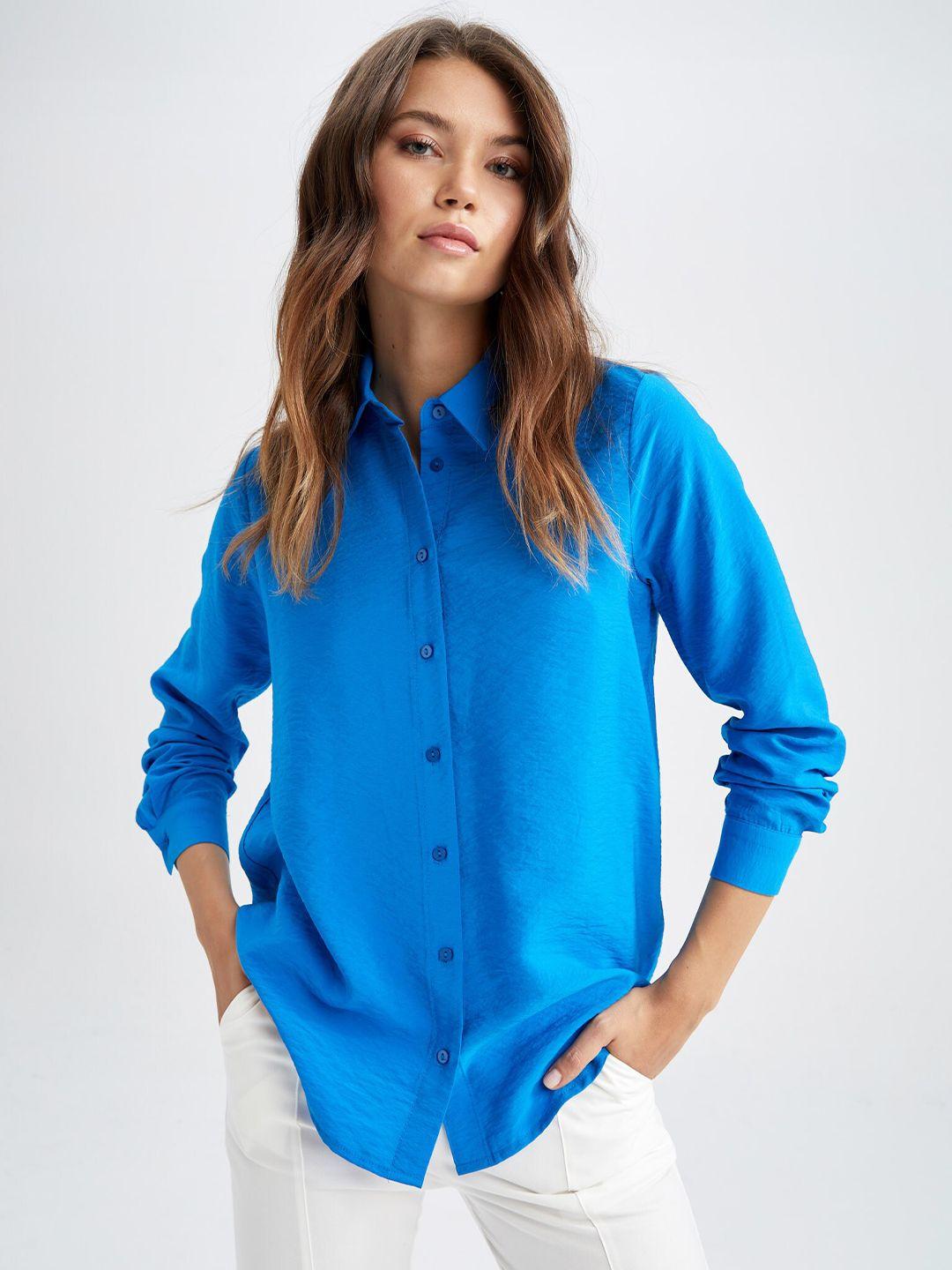 defacto women blue solid casual shirt