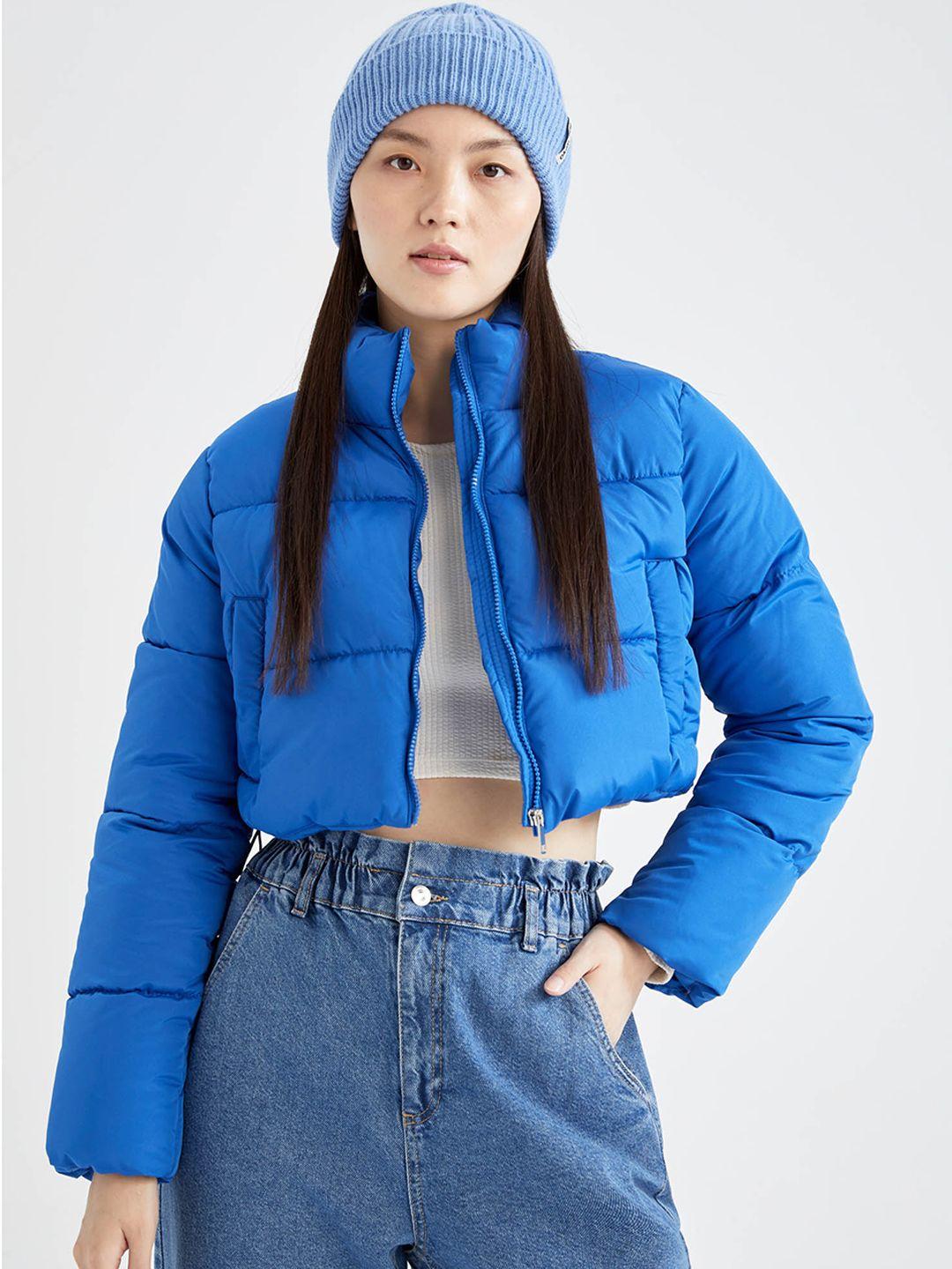 defacto women blue solid crop puffer jacket