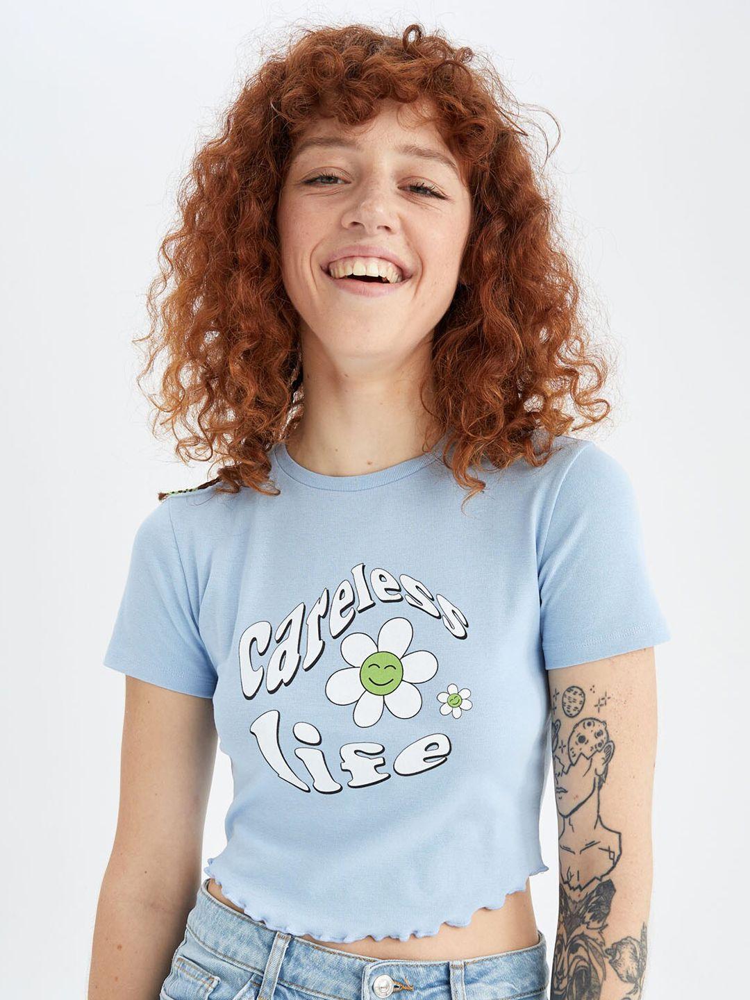 defacto women blue typography printed t-shirt