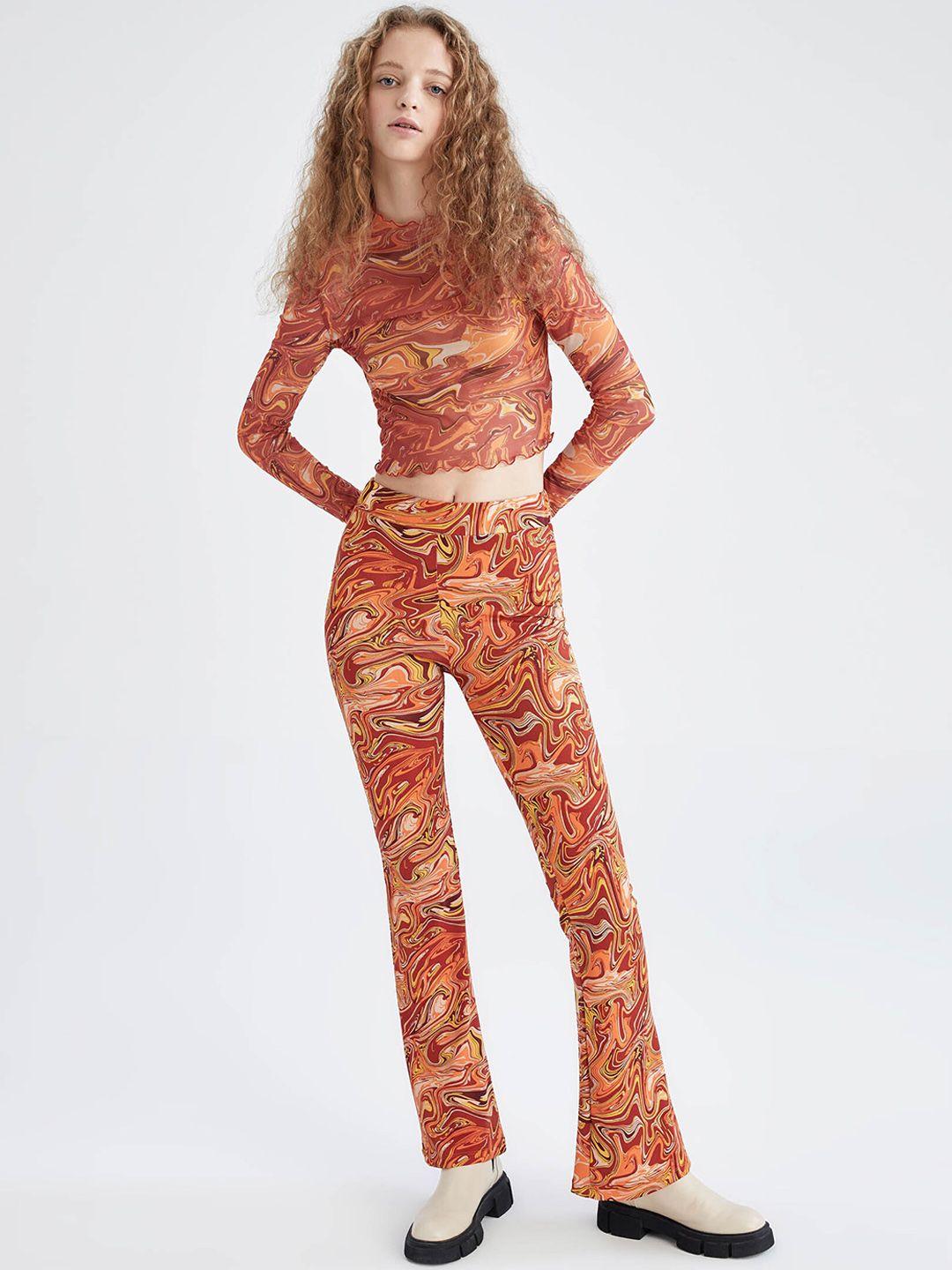defacto women orange printed abstract trousers