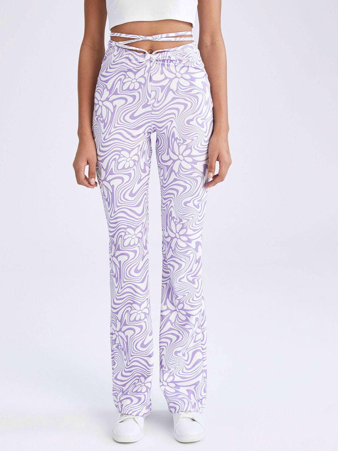 defacto women white & lavender abstract print trousers