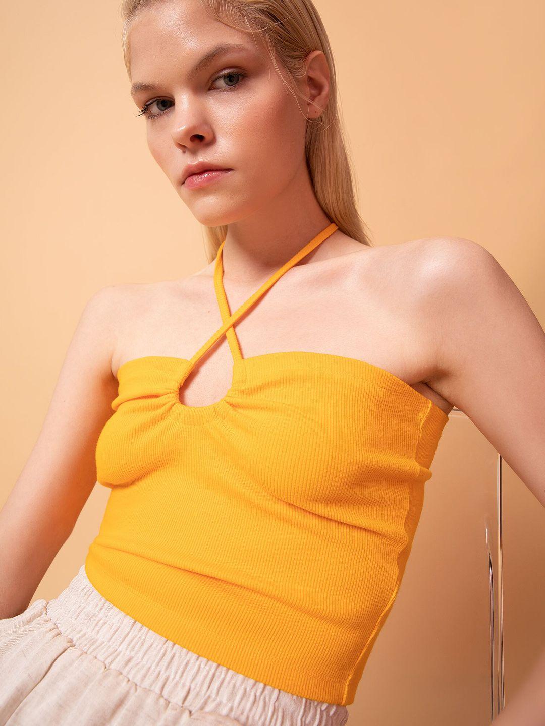 defacto yellow pure cotton halter neck tube crop top