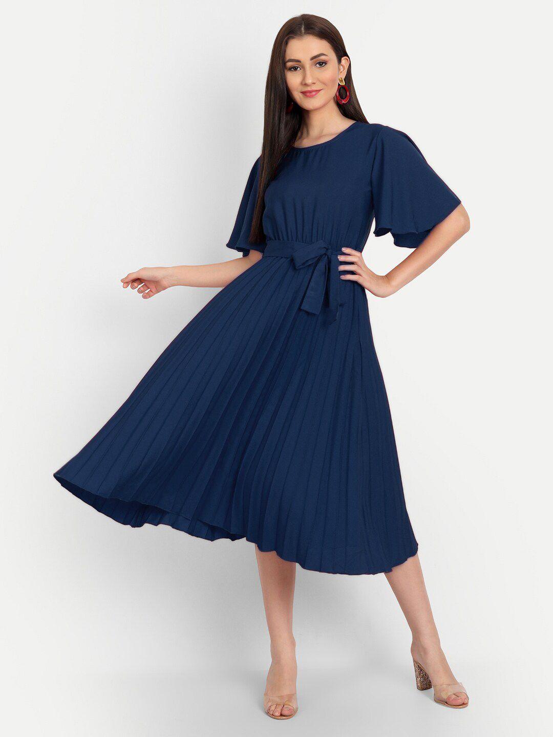 deklook blue flared sleeve crepe fit & flare midi dress