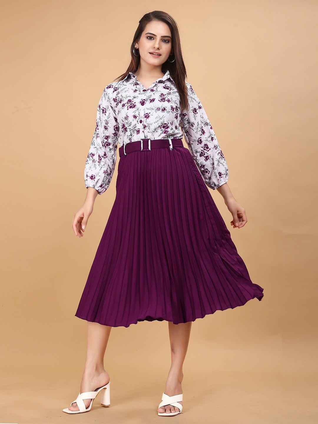 deklook floral printed shirt collar pleated fit & flare midi dress