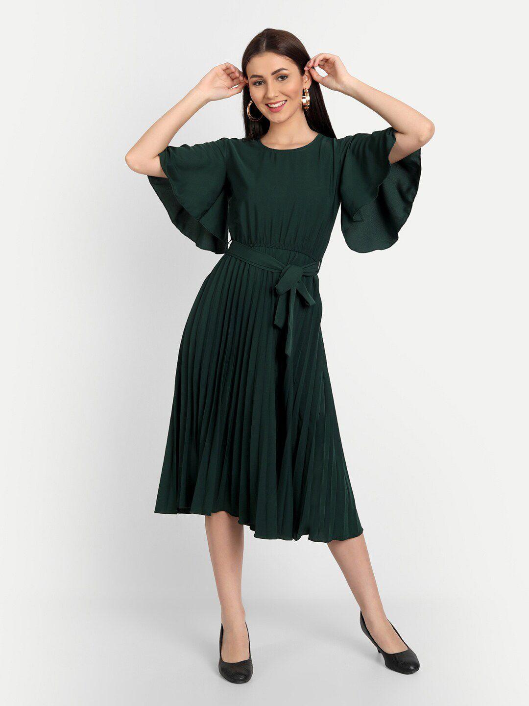 deklook green flared sleeve crepe fit & flare midi dress