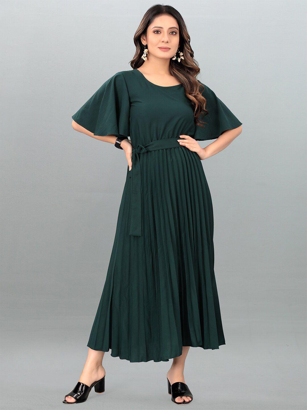 deklook green flared sleeve crepe fit & flare midi dress